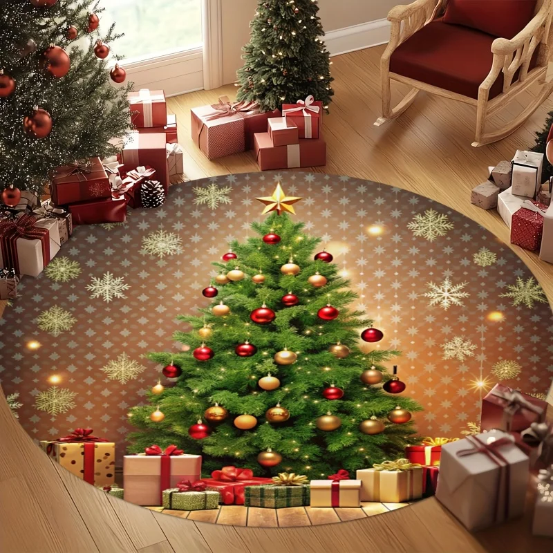 Traditional Christmas Tree Round Area Rug,Gift Box Snowflake Printed Circular Floor Mat,Holiday Living Room Home Decor