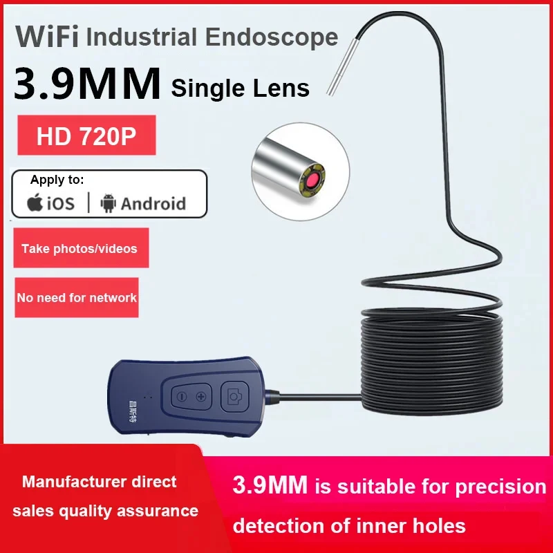 3.9mm 2MP HD Resolution Semi-Rigid Flexible Wireless Endoscope IP67 Waterproof WiFi Borescope Inspection Camera CMOS Sensor LED