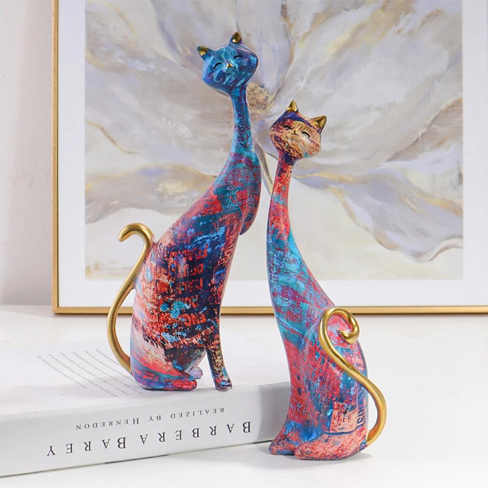 

2pcs/set European-Style Abstract Oil-Painted Cat Decoration Resin Craft for Festival Gifting Cat Ornament Tabletop Living Room