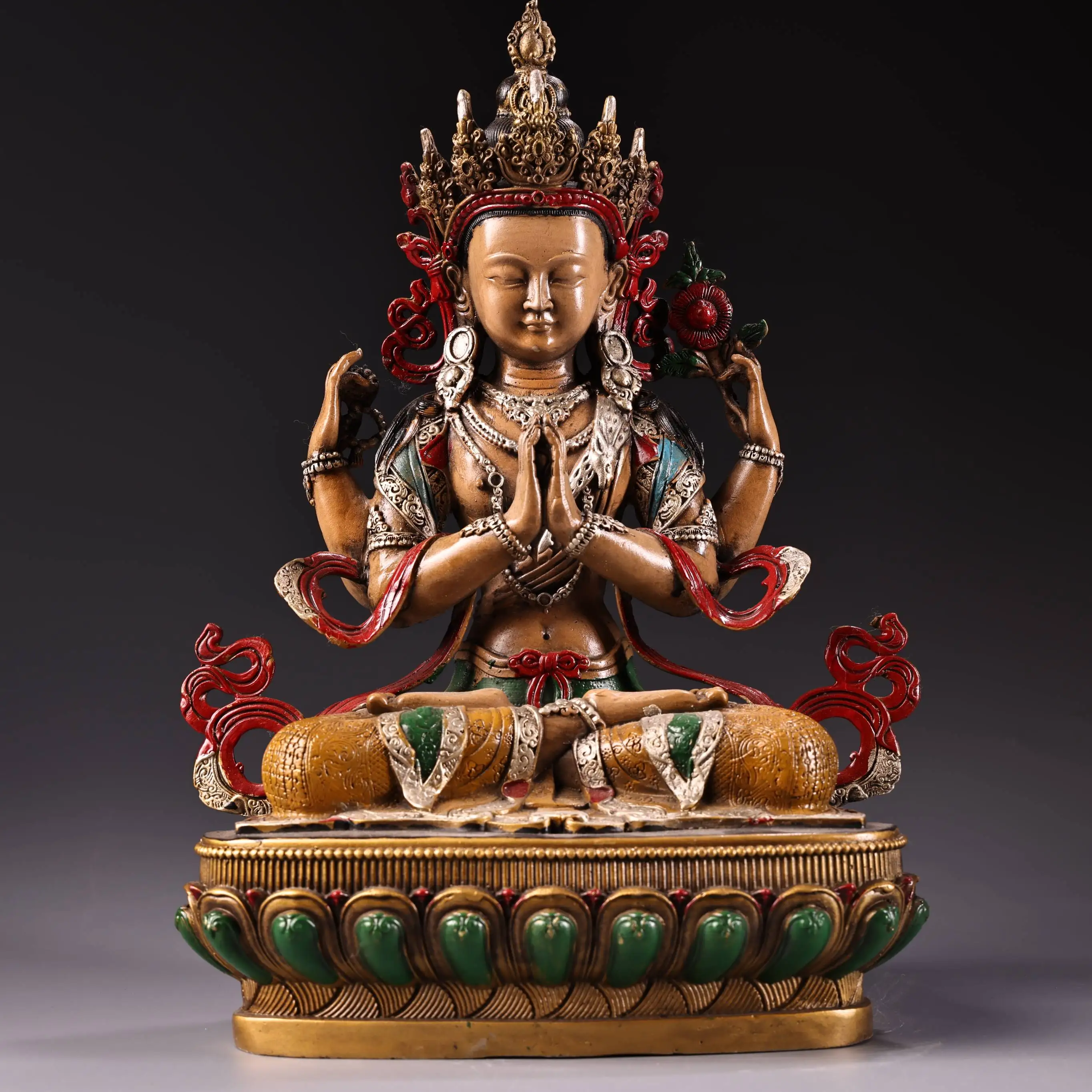 Tibetan Tantra antique brass gilt painted face drawing four arms Guanyin Bodhisattva statue ornament hall incense case offering