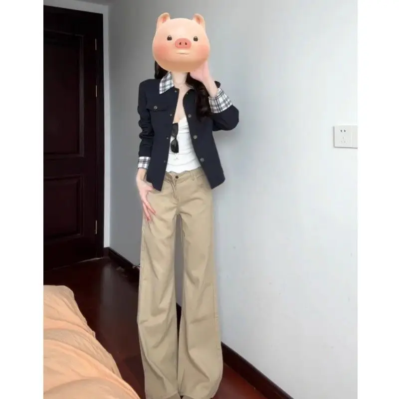 Khaki Low-rise Straight-leg Jeans for Women's Autumn Without Legs, Loose and Thin Flared Pants, Spice Girl Drape Trousers view 3
