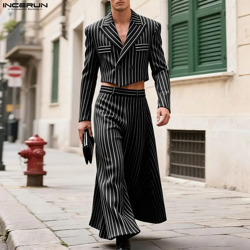 INCERUN Set da uomo a righe elegante risvolto manica lunga giacca corta e pantaloni a gamba larga 2 pezzi streetwear abiti casual da uomo moda allentata