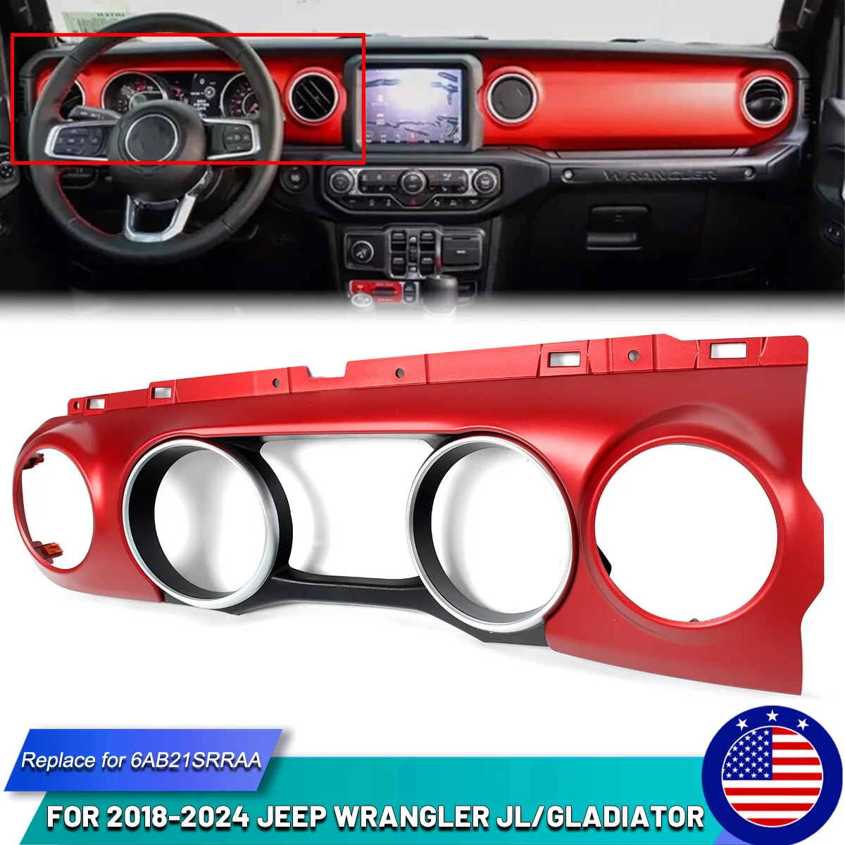 

Compatible With Jeep Wrangler JL Gladiator 2018-2024 Driver Rubicon Dash Trim Strip Dashboard Trim Panel Red 6AB21SRRAA Magickit