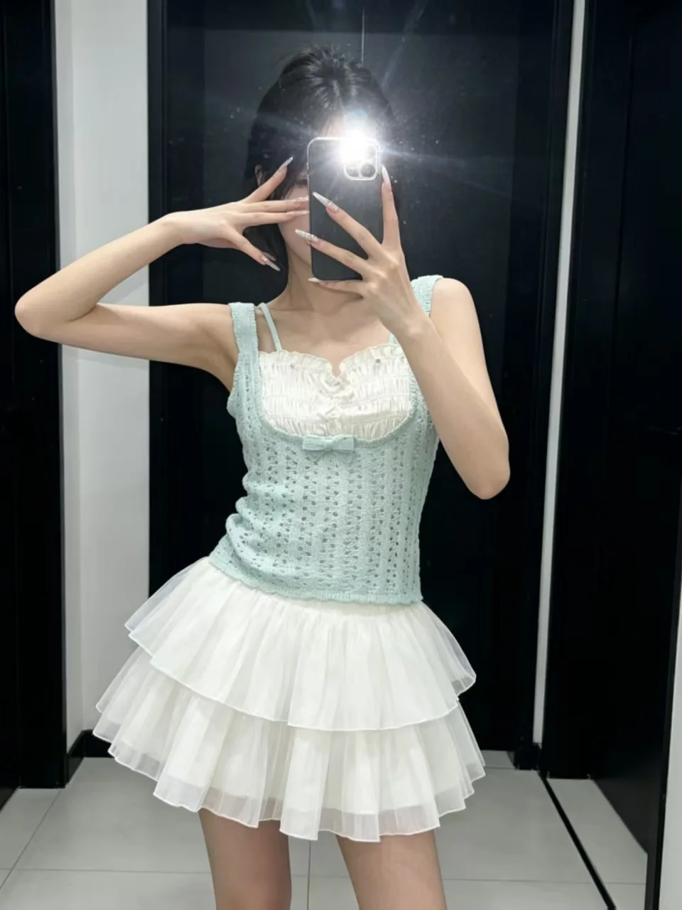 High-End European Style Lace Satin Patchwork  Knot Beaded Knitted Crop Top Women's Fashion Element Square Collar H-S...
