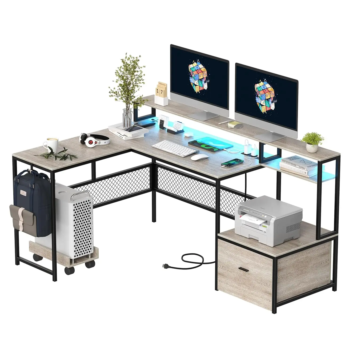 

L Shaped Desk with Drawers, 66" Home Office Desk with Power Outlet and Led Strip, Computer Desk with Storage, Customized