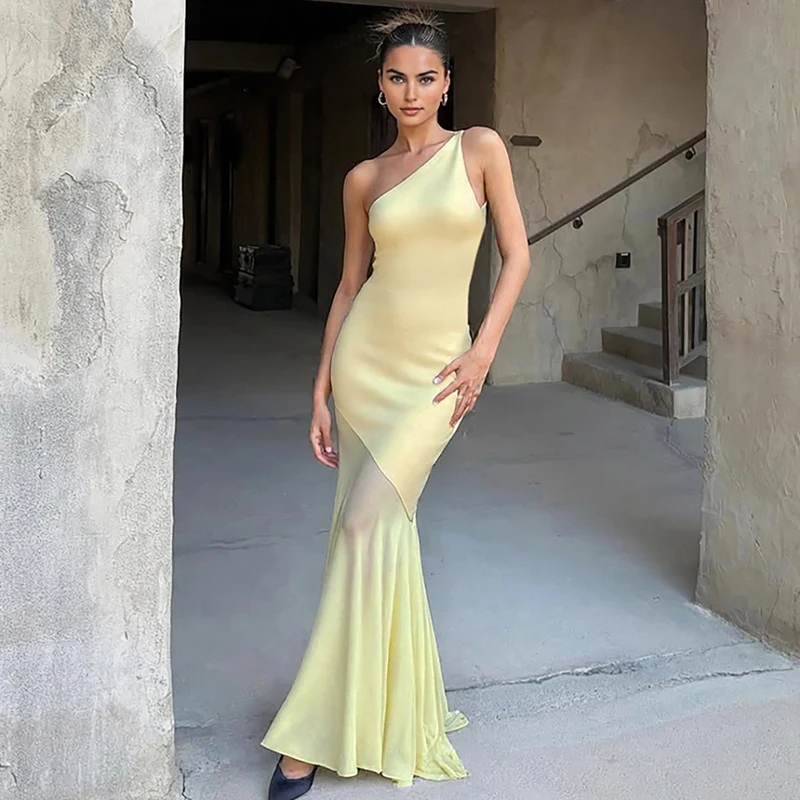 Ticketsx Sexy Mesh Patchwork Dress Women's One Shoulder Lace Up Backless Dress Female 2025 Summer Club Party Elegant Long Dress