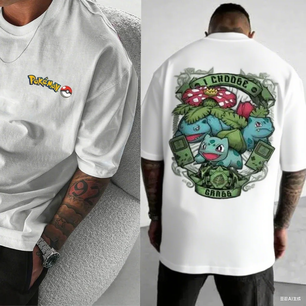 

Хлопковая футболка Pokémon Bulbasaur Crew с логотипом спереди и сзади, семейная графика с ретро-игровыми элементами, чистый хлопок для фанатов, футболка S-4XL