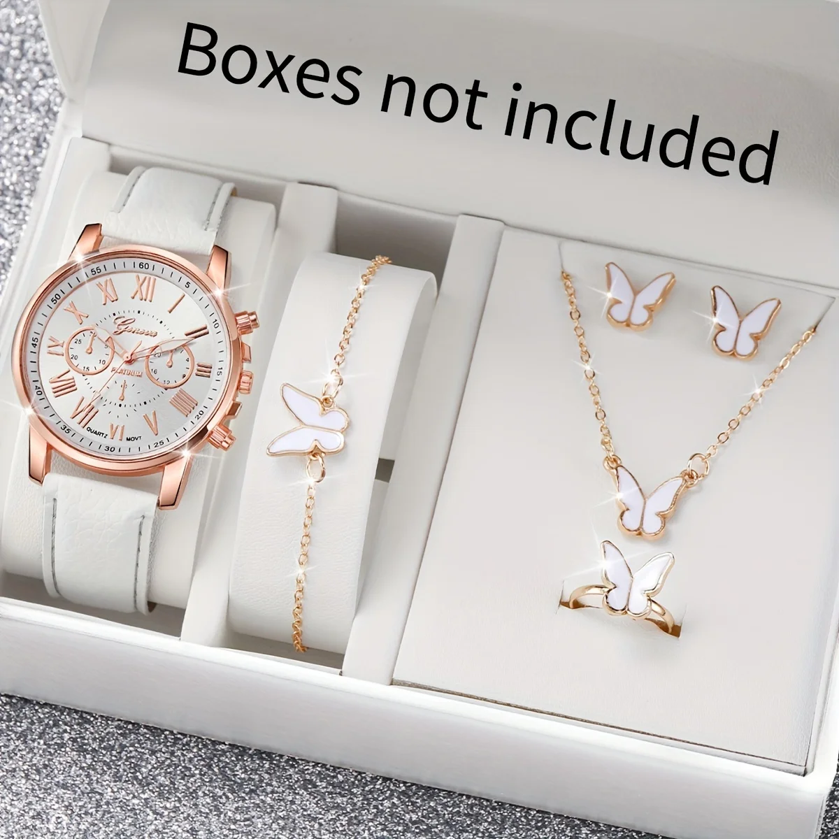 

6pcs/set Women's Watch Casual Round Pointer Quartz Watch Analog PU Leather Wrist Watch & Butterfly Jewelry Set, Gift For Mom Her