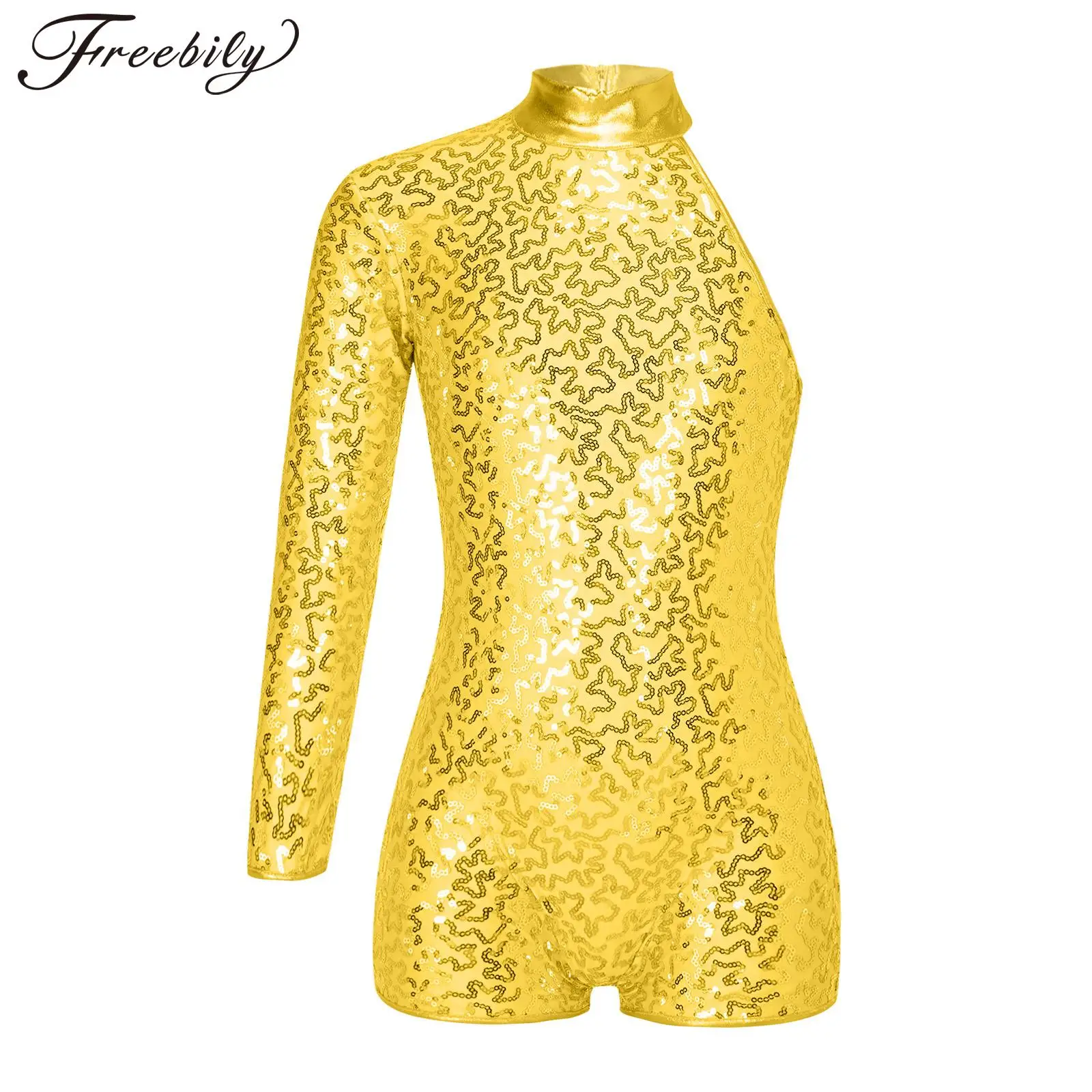 Kids Girls Single Long Sleeve Leotard Shiny Sequins Gymnastics Unitard Bodysuit Ballet Dance Stage Performance Costumes