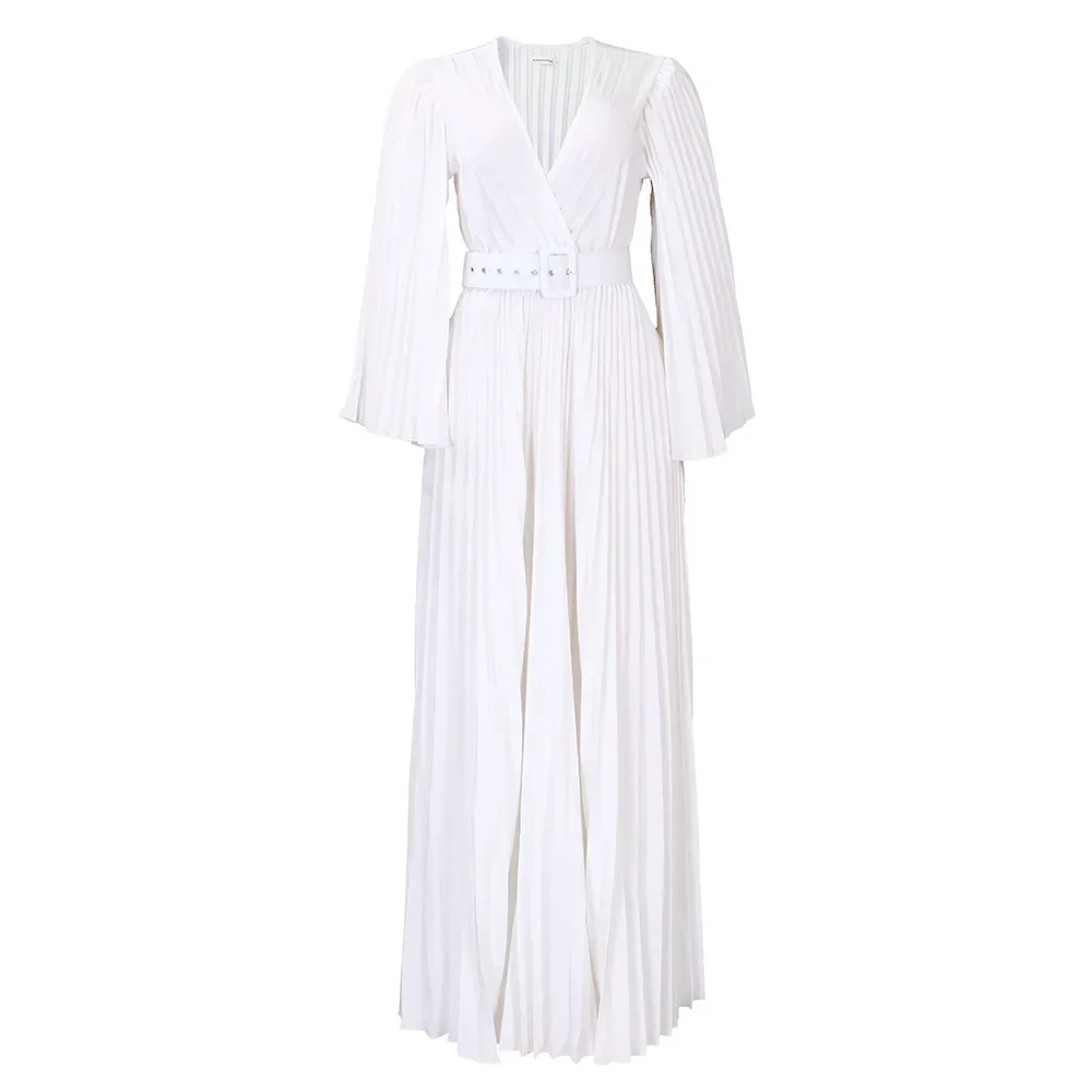 CM.YAYA Pleated Wraped V-neck Flare Sleeve Big Swing Floor Length Maxi Long  Dresses Women Autumn Winter Party Prom Dress - AliExpress 200000345