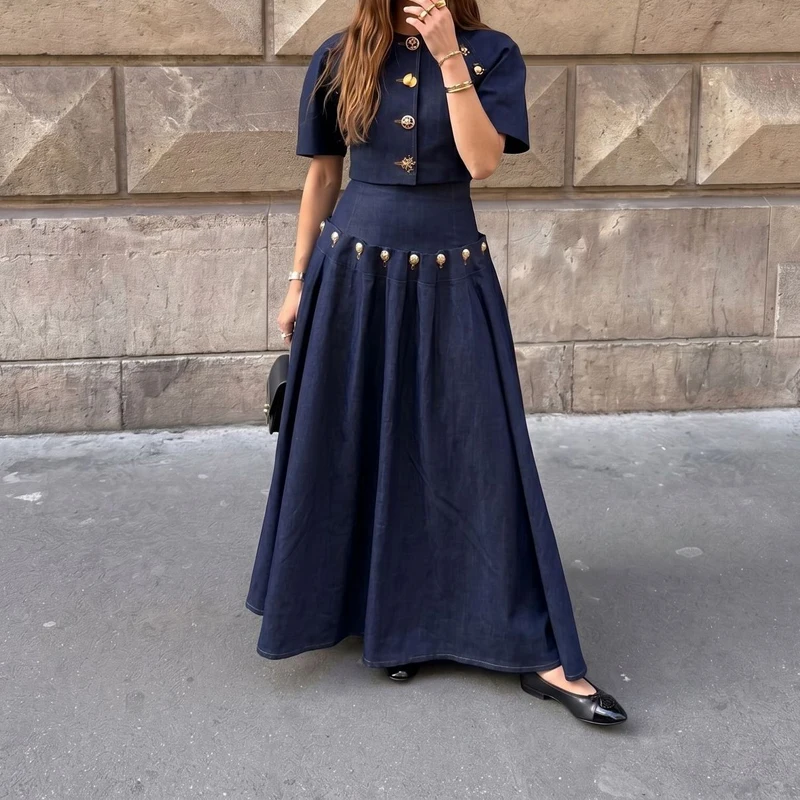 

Vintage Solid Casual Streetwear Set for Women Spring O Neck Short Sleeve T-shirt & High Waist Maxi Skirt Outfit Summer Boho Suit