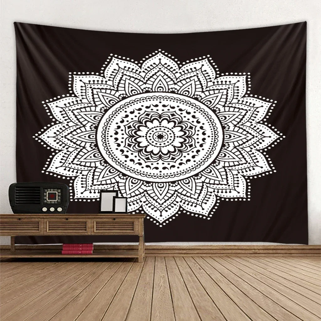 Om Mandala Black White Tapestries Wall Hanging Decor Bedspread Coverlet Bedding Throw Sheet Towel Table Cloth Comfort Tapestry