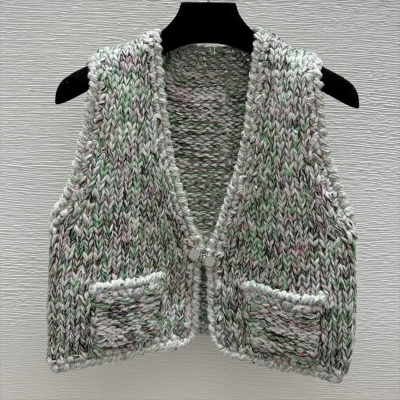 

Высококачественный разноцветный твидовый женский свитер с глубоким v-образным вырезом и одной пуговицей, жилет, зимняя одежда 25110198