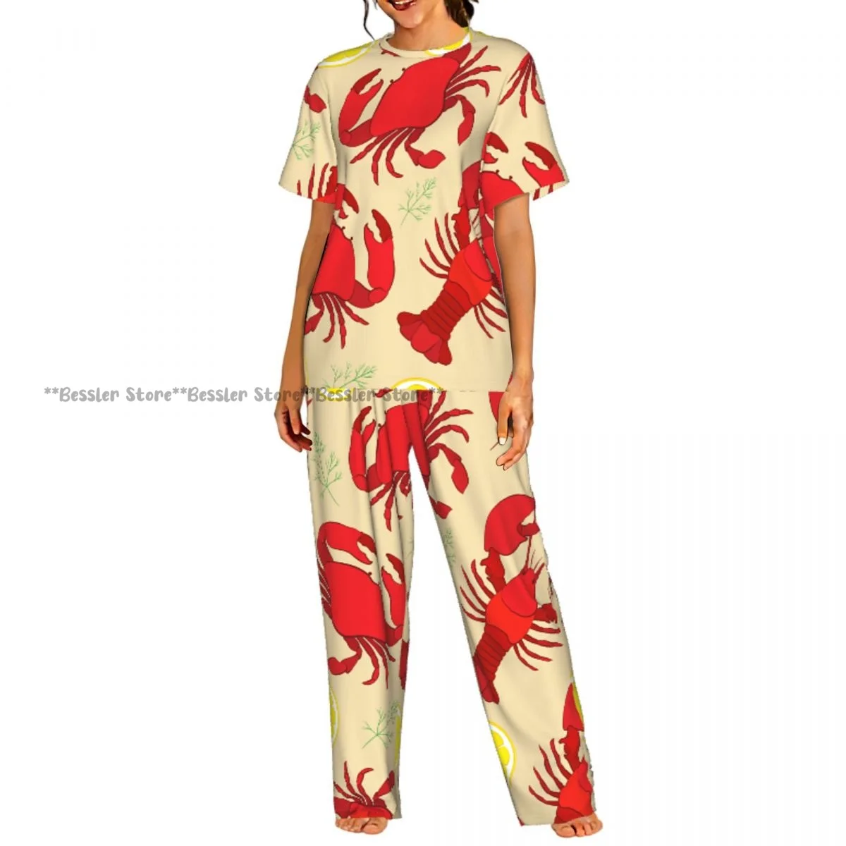 

Женский комплект из 2 предметов: пижама с принтом лобстера и краба с лимоном и укропом, топ с короткими рукавами и брюки для сна