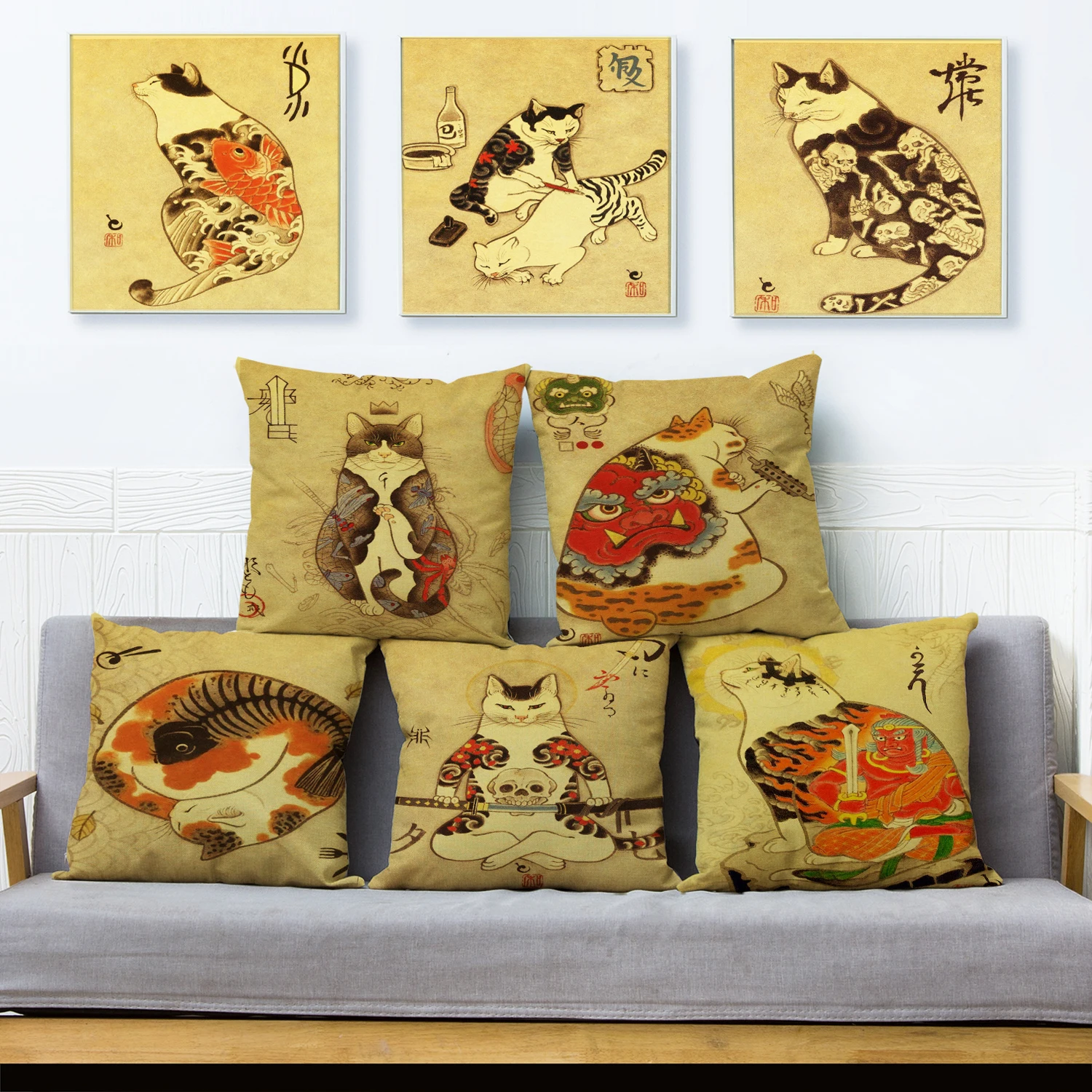 Vintage Japanese Samurai Cat Tattoo Cushion Cover Decor Retro Animal Pillowcase for Sofa Home Car Polyester Pillow case 45x45cm