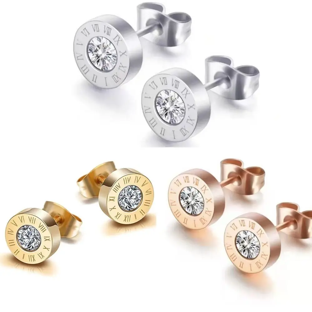 Zircon Roman Numerals Stud Earrings Jewelry Punk  Stud Earrings For Men Hiphop Stainless Steel Ear Accessories Jewelry Gift