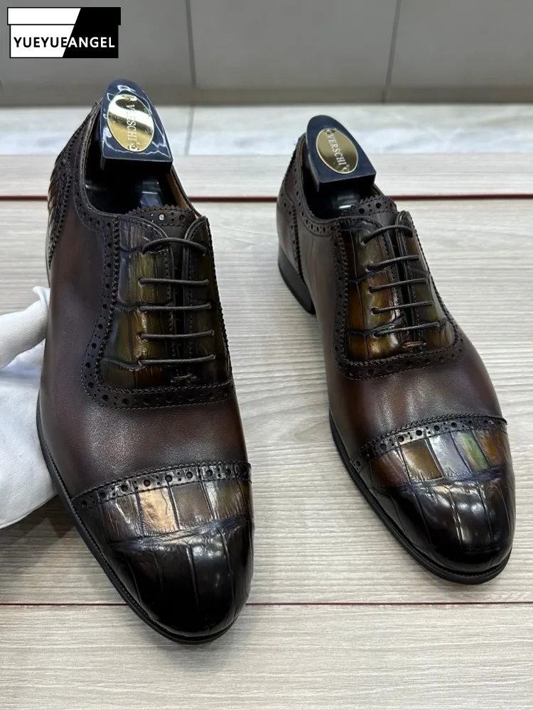 New Designer Business Men Work Shoes Real Crocodile Leather Spliced Cowhide Dress Shoes Low Cut Lace Up Wedding Formal Shoes