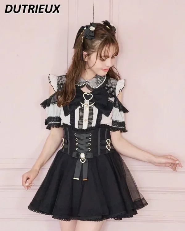 Japanese Mine Off-Shoulder Pearl Collar Cute Sweet Big Bow Shirt Skirt Outfit Women Summer New Lolita Short-Sleeved Shirt Skirts