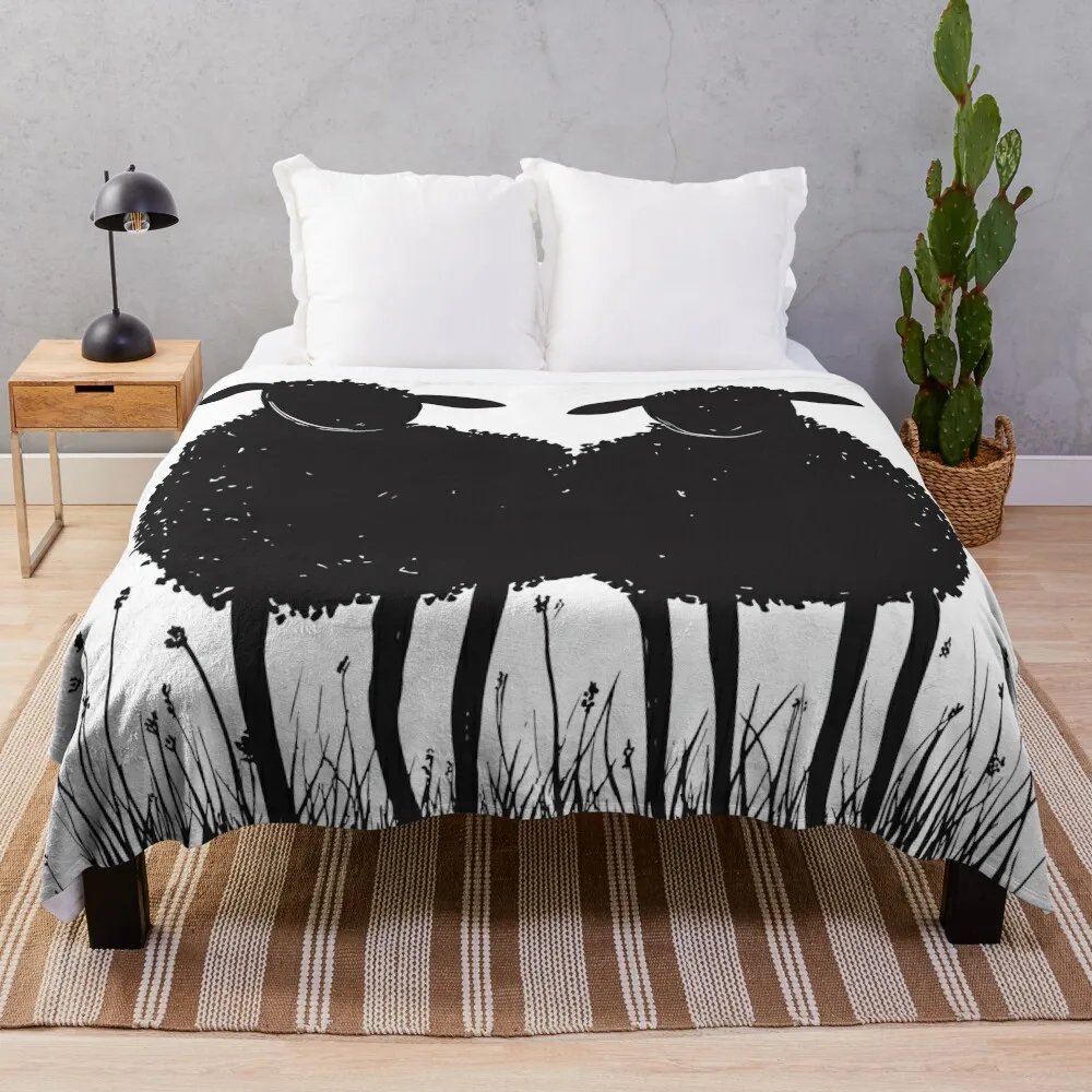 

Quirky Black Sheep Illustration on Grass Throw Blanket Flannel Bed Soft Plush Plaid Picnic Blankets