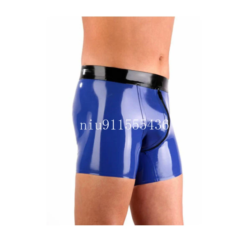 

Latex Boxer Rubber Tight Shorts Fetish Men Underwear Briefs Panties Blue with Black with Front Crotch Zip Handmade