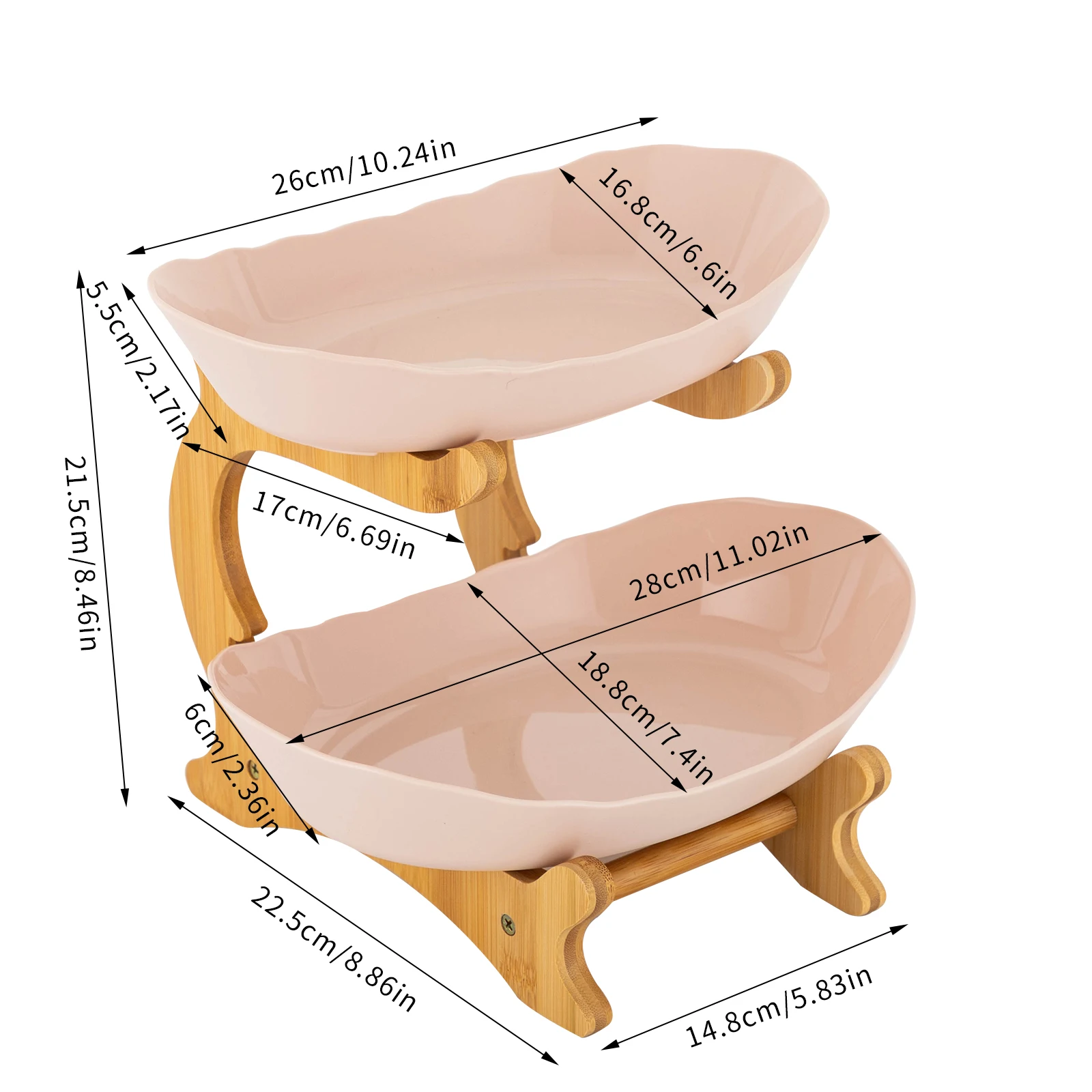 2 Tier Fruit Bowl for Kitchen Countertop, Plastic Fruit Basket Rack with Bamboo Wood Stand for Tiered Vegetable Storage Tray, Salad Cake Snack Dessert Party