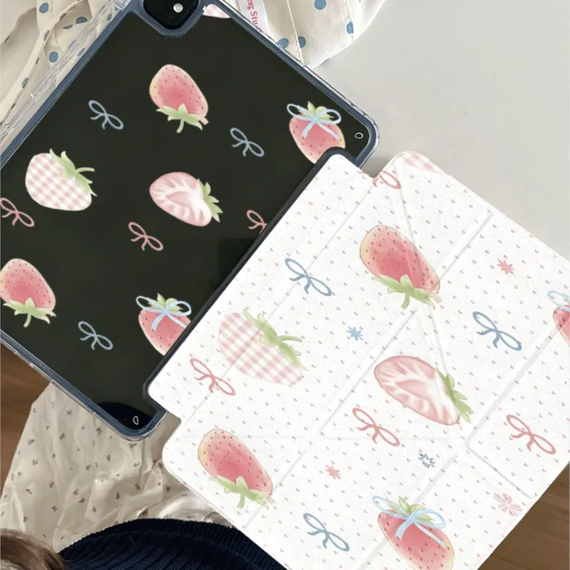 

Sweet Strawberry Bow Print Tablet Case For iPad Pro 11/12.9/13inch Air 6/7/8 11/13inch 2018-2026 M2 M3 M4 M5 Protective Cover