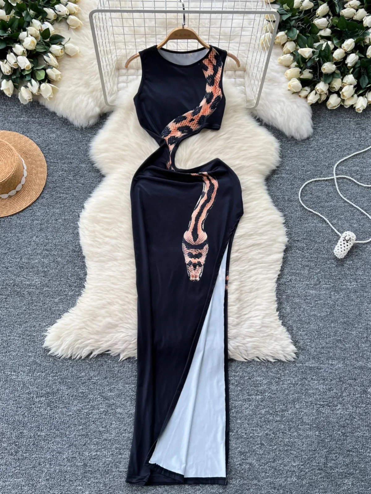 SsTss Seductor Pure Lust Sexy Recorte Cintura Delgada Estampado de Serpiente Sin Mangas Maxi Vestido Bodycon para Mujer