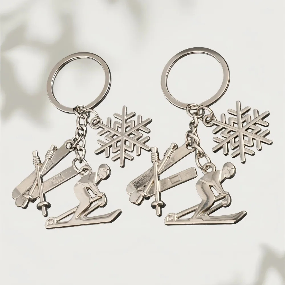 Decoration Metal Pendant Skiing Keychain Silver Color Car Bag Pendant Snowflake Pendant Key Ring Skier Decoration Winter Sports