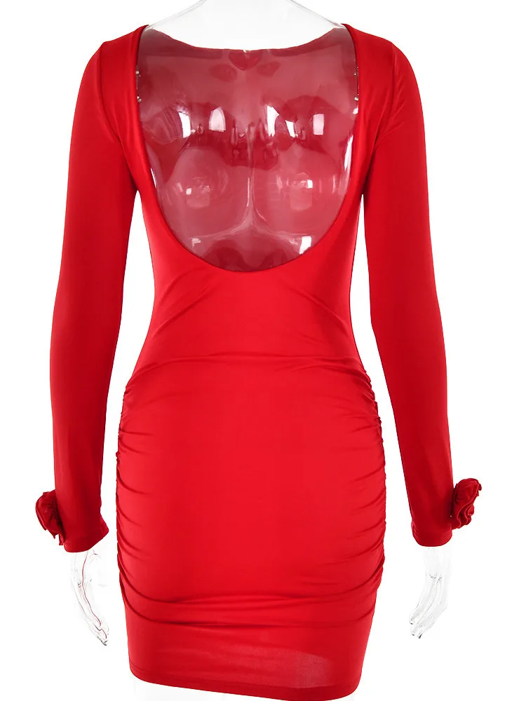 Articat Autumn 2023 Long Sleeve Tight Dress For Women Sexy Backless Bodycon Mini Dress Fold Female Party Club Evening Dress