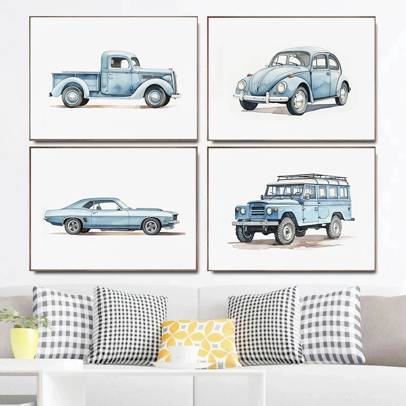 Classic Light Blue Car Vehicle Watercolor Art Retro Posters Prints Canvas Painting Wall Art Picture Living Room Home Decor