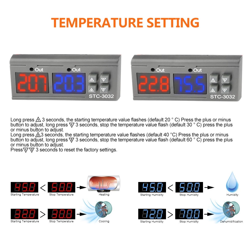 Dual Digital STC-3032 Temperature Controller Two Relay Output Thermostat Heater with Probe 12V 24V 220V Home Fridge Cool Heat