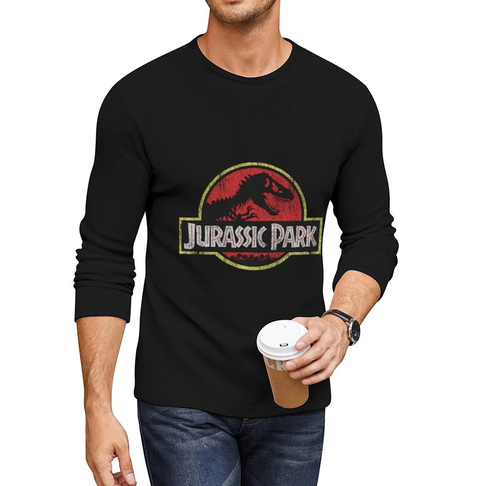 

Jurassic Park Classic Retro Red Distressed Logo Long T-Shirt man clothes black t shirts T-shirt men