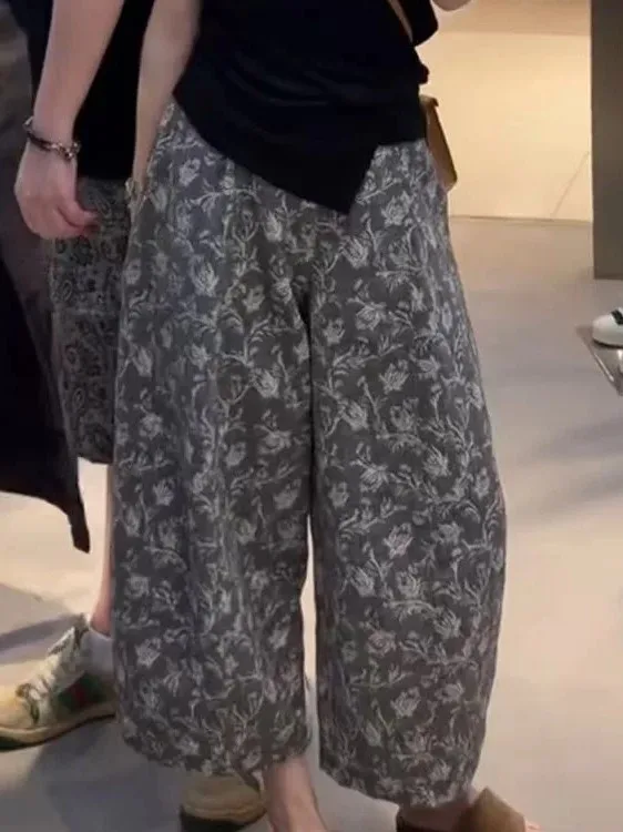 

High Waist Floral Print Wide Leg Pants Women's Loose Casual Straight Cut Trousers Summer 2026 Versatile Slimming Casual Nine-...