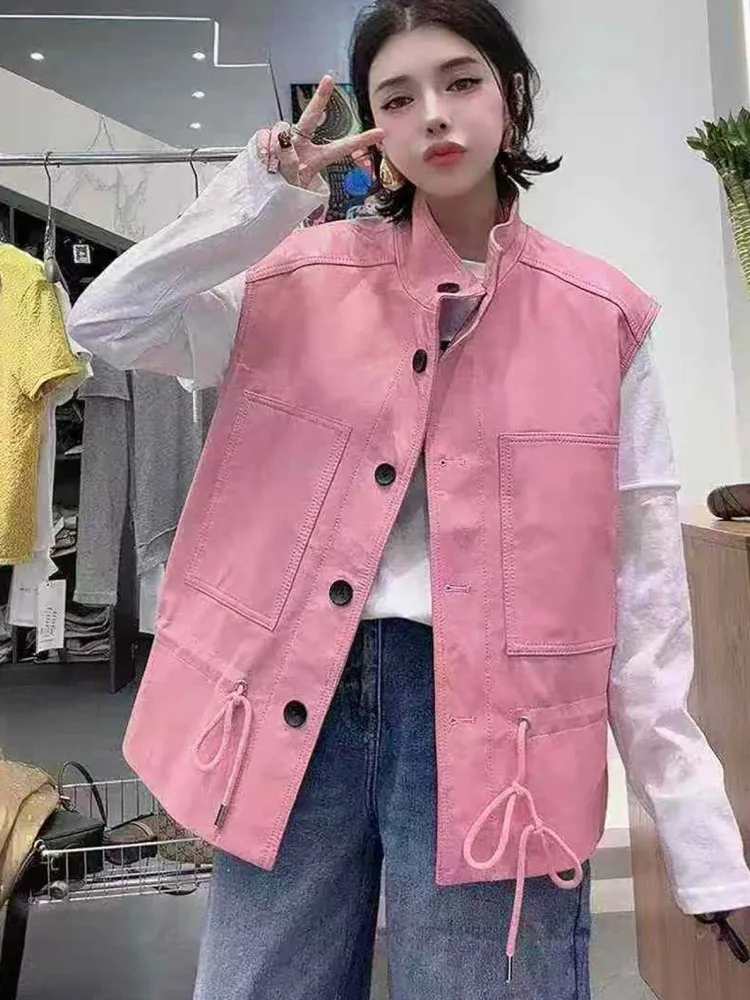 Fashion Women Stand Collar Single Breasted Sheepskin Genuine Leather Vest Adjustable Waist Casual Waistcoat Pink Yellow Tops 3XL