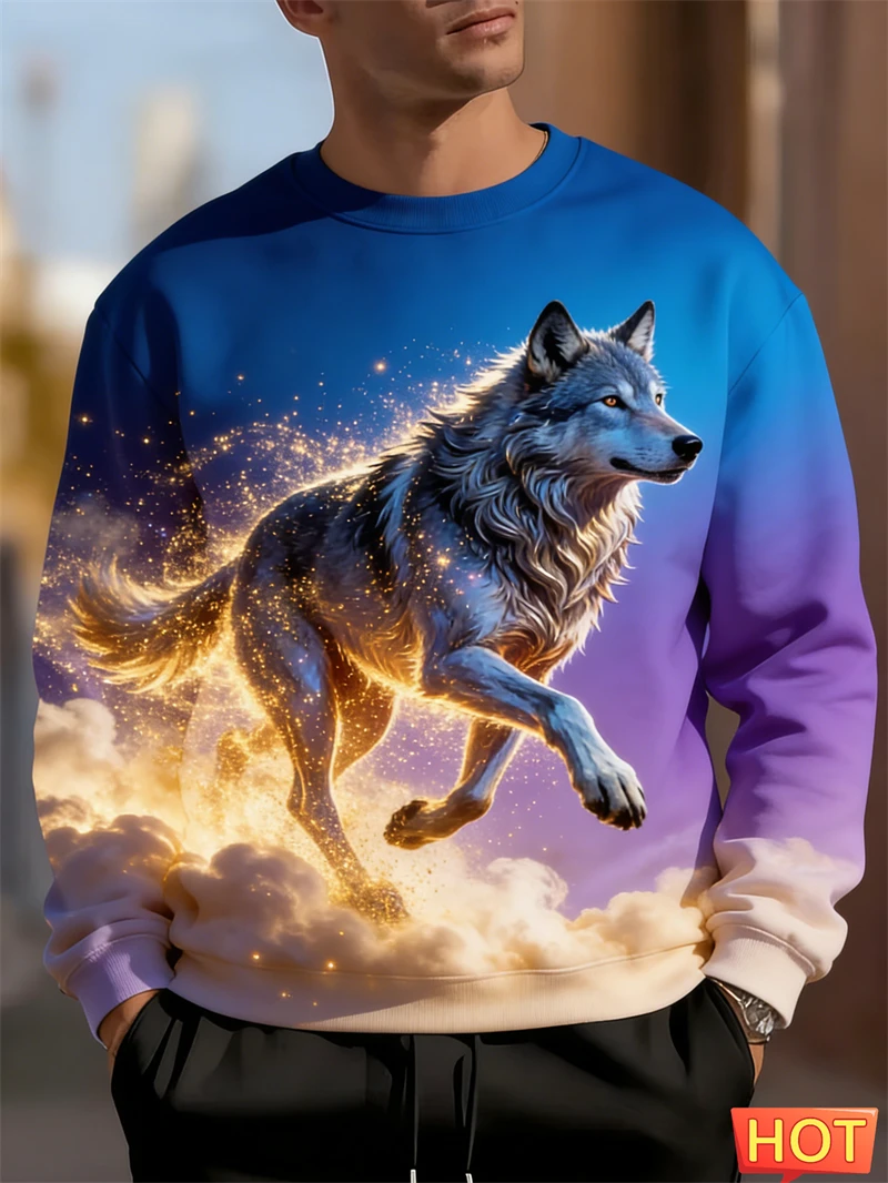

Новая мужская толстовка с длинными рукавами, пуловер с 3d принтом волка и животным принтом, мужской осенний топ, повседневная толстовка с круглым вырезом