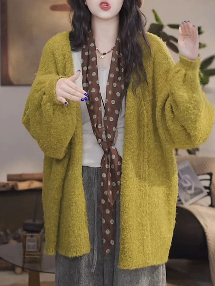 

Stylish Green Knitted Open Cardigan Top Women's Mid-Length Korean Style Sweater Jacket Cleanfit Irregular Shape Thickened Fabric