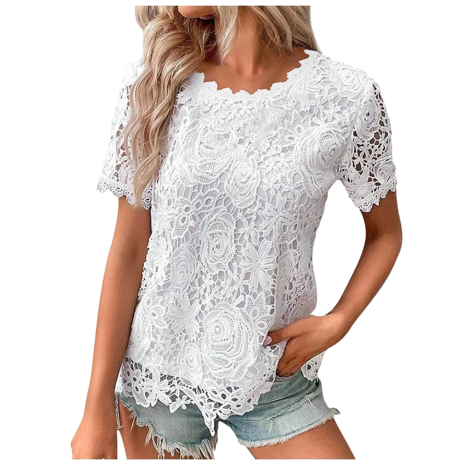 

Sexy Women's T Shirt Lace Crochet Double-layer Loose Round Neck Short Sleeved Top Fashion Elegant Female Blouse