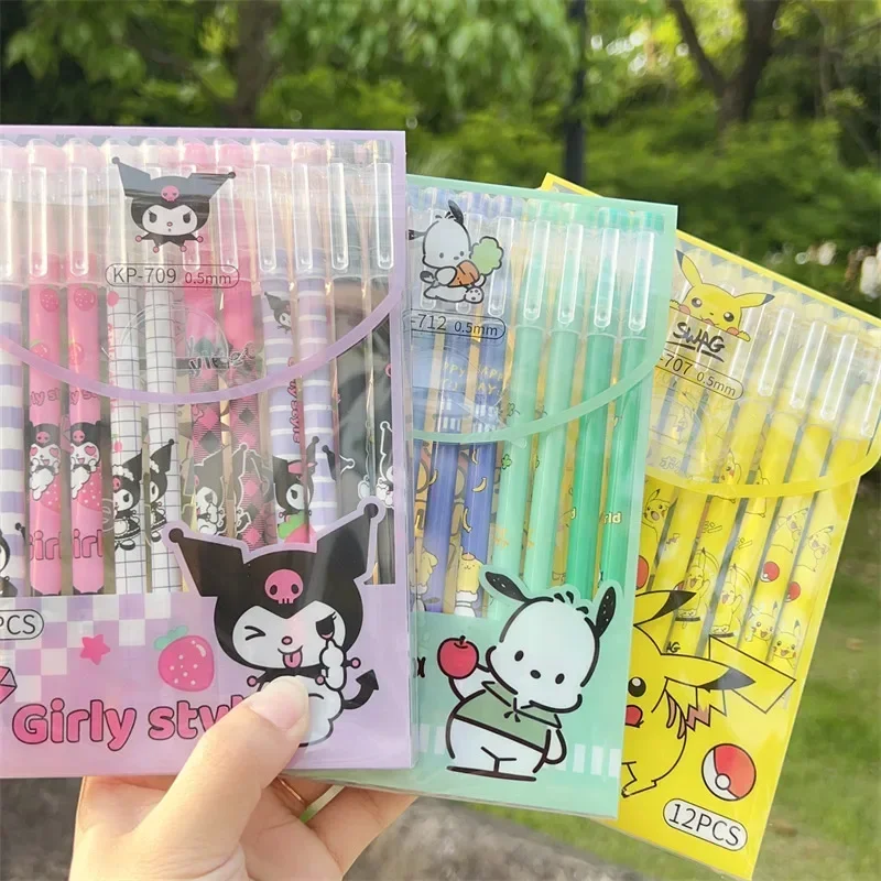 Imagem -06 - Sanrio Kawaii Gel Pen Olá Kitty Morango Cinnamoroll Kuromi Melodia Papelaria Estudante Escrever Canetas 0.5 Exame Preto 12 Pcs