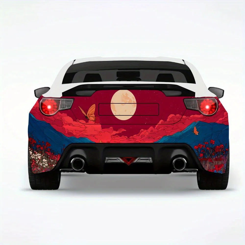 

Красочные цветы с красной луной, автомобильная наклейка, виниловая наклейка на заднюю часть автомобиля, водонепроницаемые самоклеящиеся виниловые наклейки для хвоста автомобиля