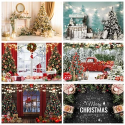 Christmas Party Backdrops Xmas Tree Gift Fireplace Window Wood Door Snowman Baby Family Portrait Photography Background Decor