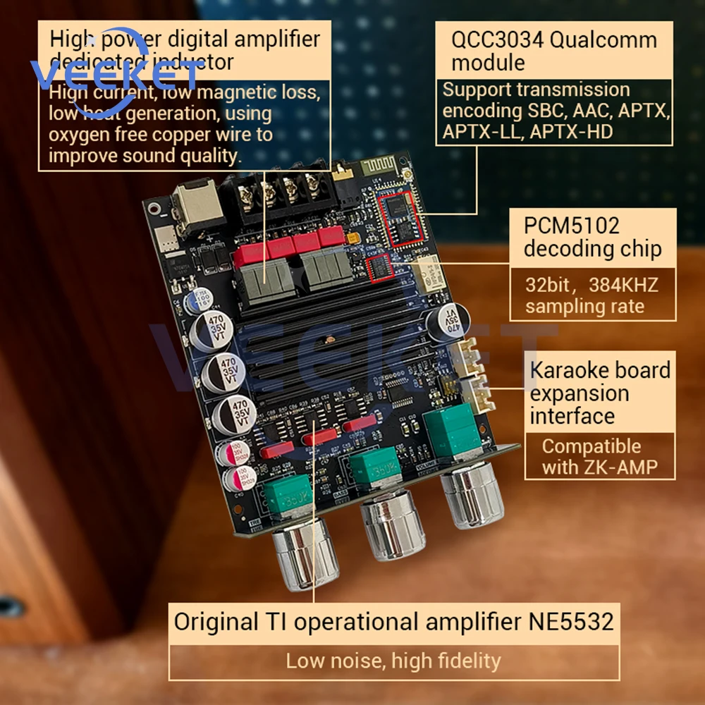 ZK-1002Q 100Wx2 채널 디지털 앰프 보드 블루투스 2.0 QCC3034+TPA3116 APTX 무손실 오디오 앰프 모듈 전자 키트용