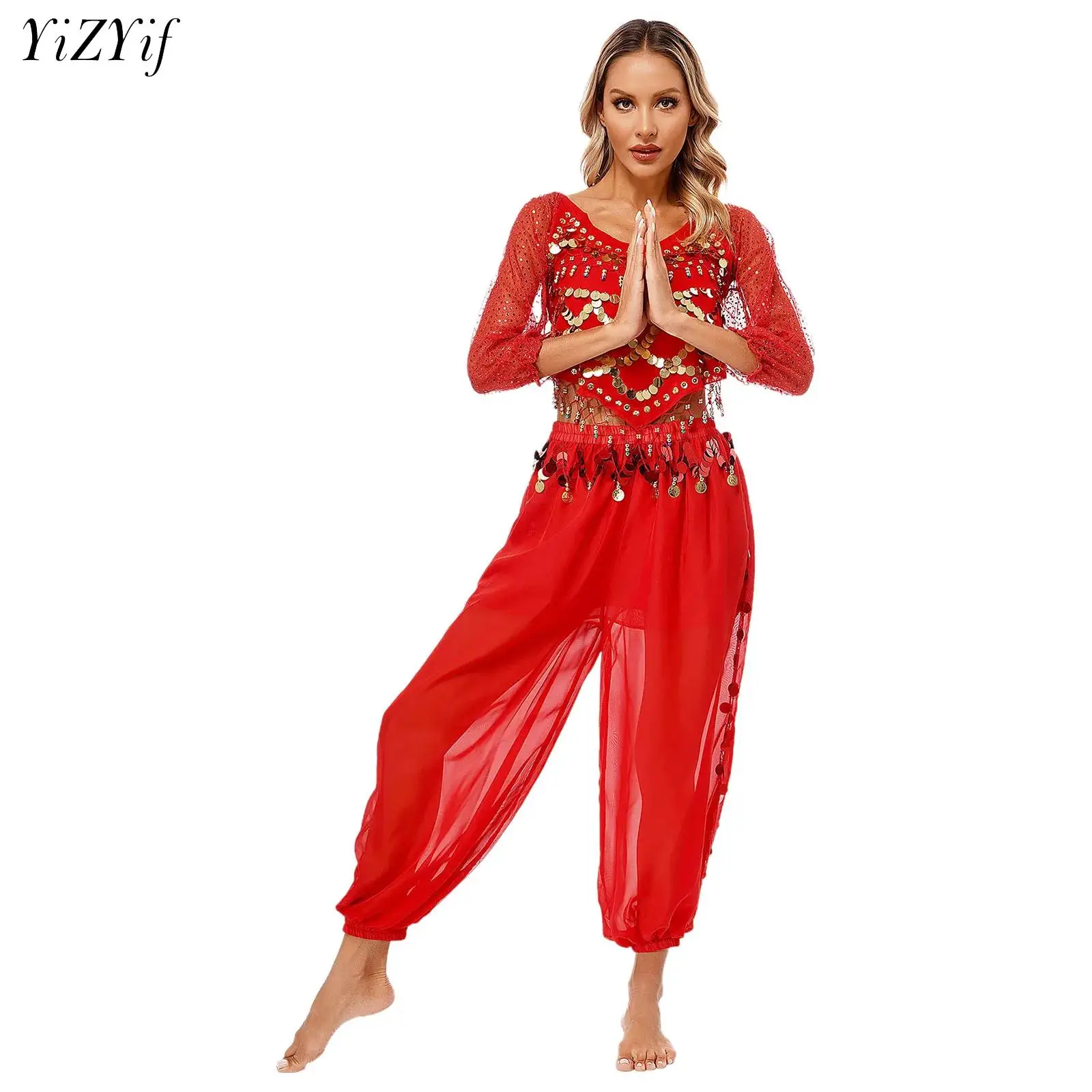 

Womens Belly Dance Outfit Chiffon Long Sleeve Crop Tops Shirt with Sequins Side Split Bloomers Pants Stage Performance Costume