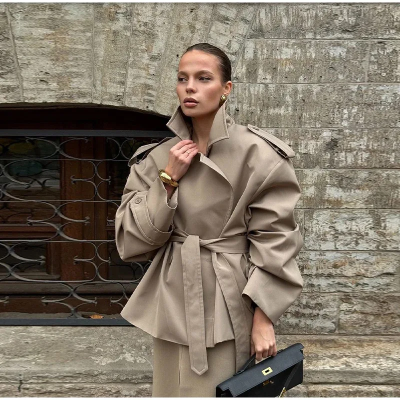 Siren Chic Lace up Cropped Trench Coat Women Lapel Long Sleeves Wide Shoulder Windbreaker Jacket Fall Commuting Jackets 2026