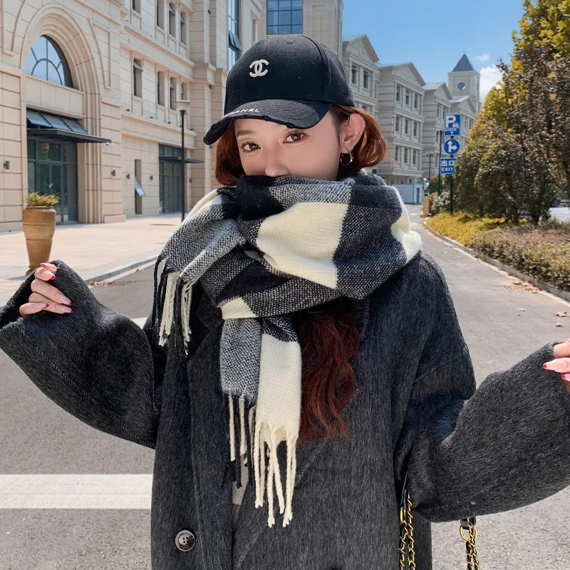 Blue men's plaid scarf warm and versatile autumn and winter student couple Korean long tassel scarf for girls