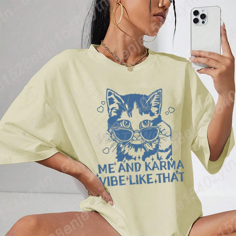 Me And Karma Vibe Like That Print T-shirt Women Summer Short Sleeve O Neck T Shirt Creative Personalized Oversized Tops