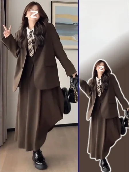 

plus Size Women's Korean Sle College Faion Suit Jaet Long Sve Button up High Waist Skirt Two Piece Set Spring New Ar...