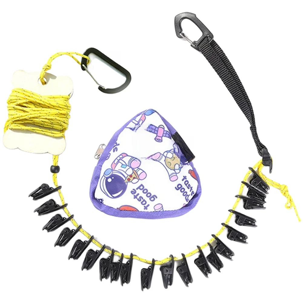 Adjustable Portable Clothesline 10M Polyester Rope with 20 Clamps and Reflective Yellow Stripe for Camping For Travel
