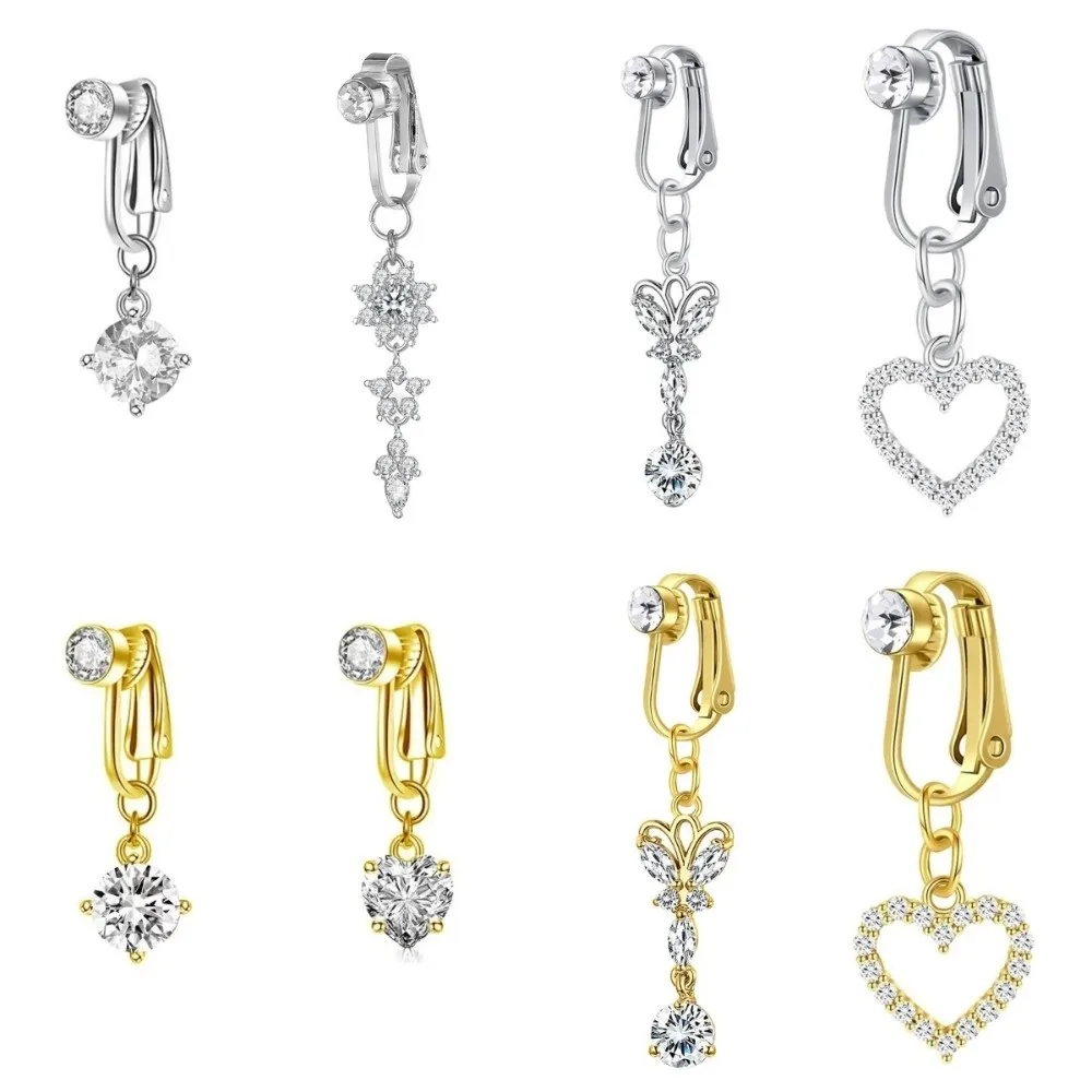 Zircon Clip on Belly Button Ring Dangling Chain Style Heart Design Fake Belly Button Gold Butterfly No Piercing Belly Ring