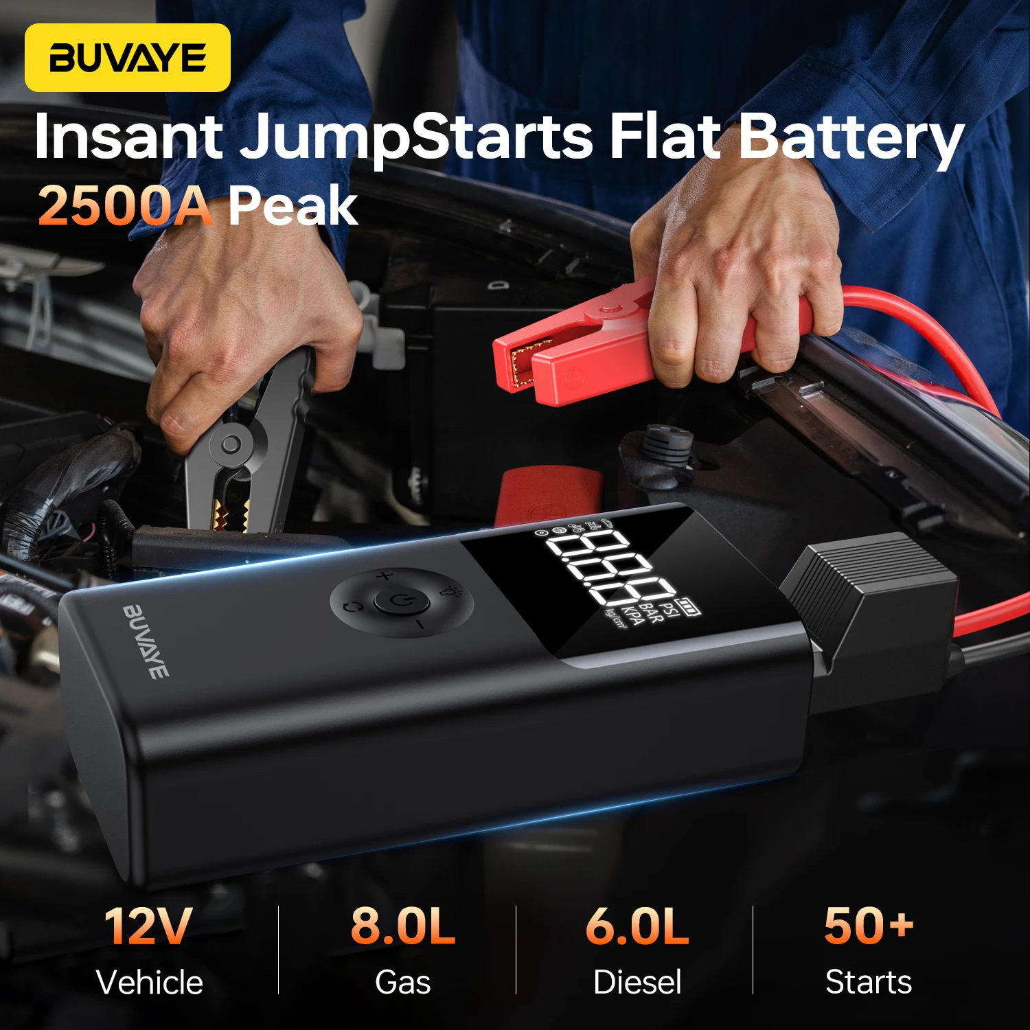 BUVAYE 4 في 1 2500A سيارة الانتقال كاتب PowerBank 150PSI مضخة هواء 12 فولت بطارية الداعم لمحركات الديزل 8.0L والبنزين 6.0L