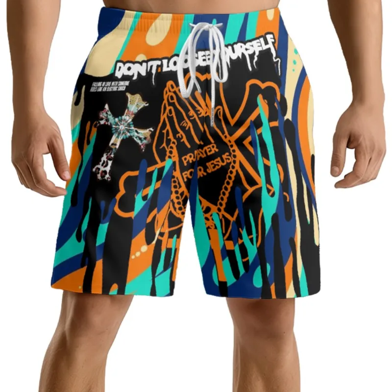 Hand With Bone Print Men's Drawstring Waist Polyester Beach Shorts Quick Dry Breathable Casual Sport Streetwear Shorts